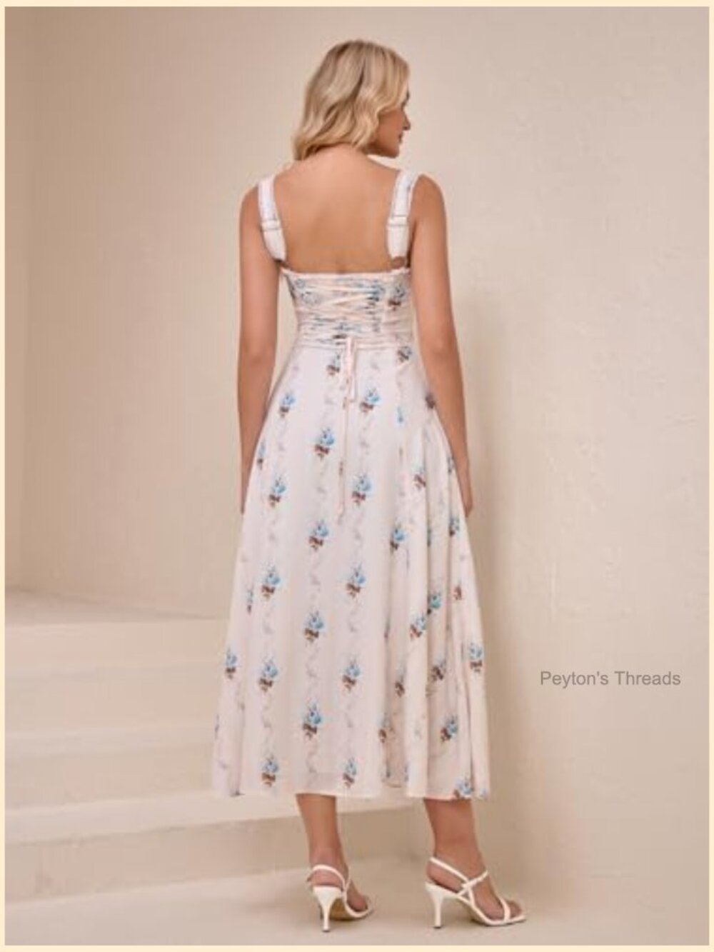 Lace Up Corset Midi Dress with Pockets Flowy A-Line Sweetheart Neckline - Picture 2 of 6